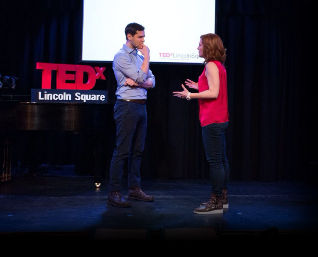 TEDx Speaker Having a Conversation With Tricia Brouk on a TEDx Stage