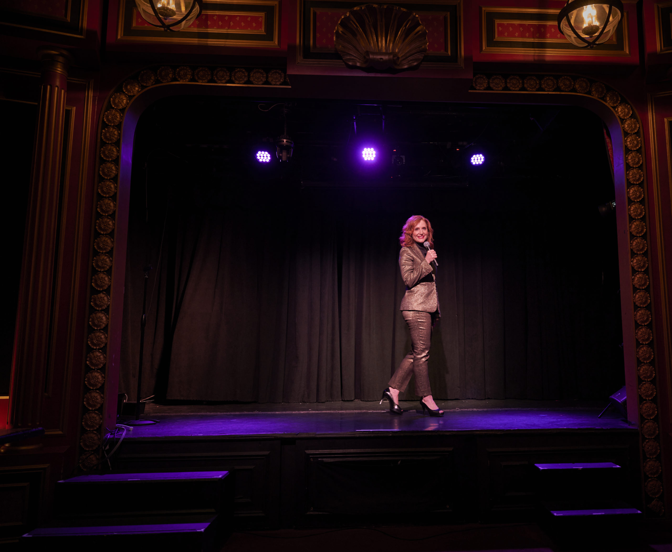 Tricia Brouk a public speaking coach in New York City on the Triad Theater stage