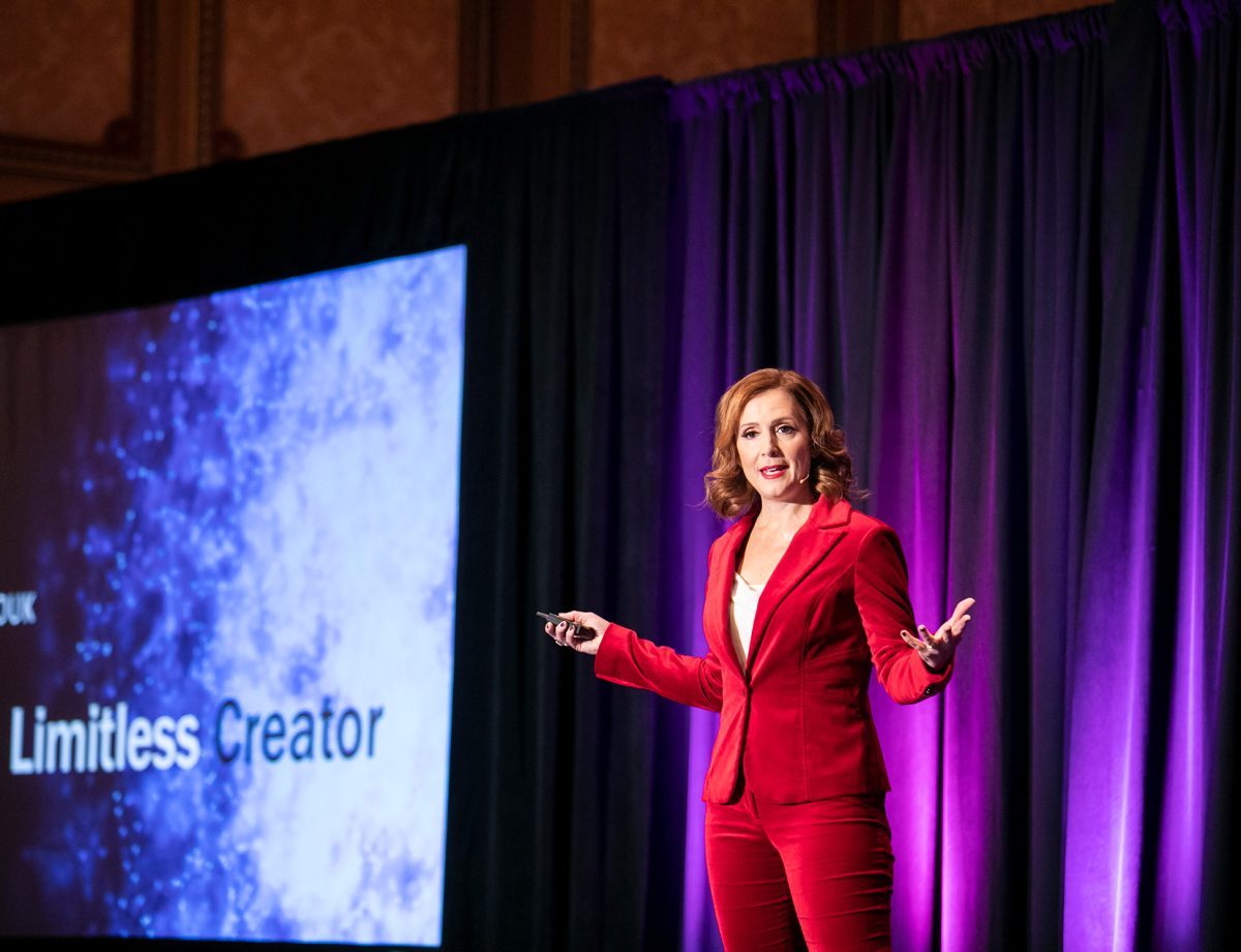 Award-winning Speaker and Coach Tricia Brouk Presenting Her Course on Stage