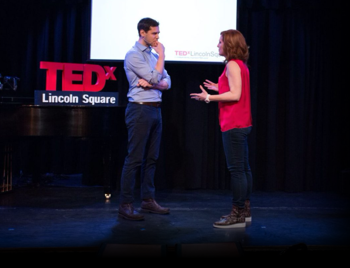 TEDx Speaker Having a Conversation With Tricia Brouk on a TEDx Stage